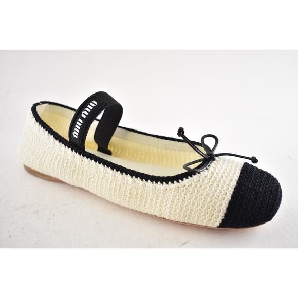 Miu Miu Crochet Knit Black White Bicolor Logo Strap Ballet Ballerina Flats 42 - Picture 6 of 16